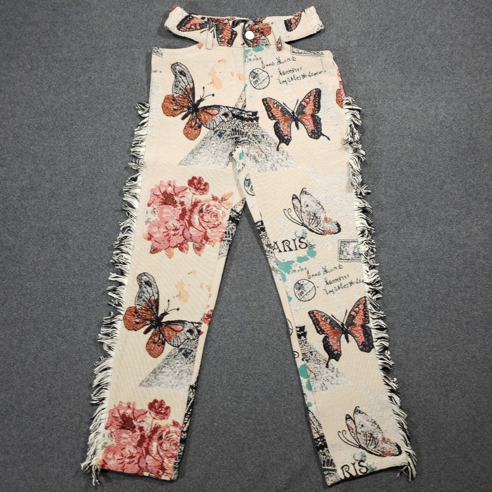 Guapi Tapestry Pants XS Cream Paris Butterfly‎ Fringe Cutout Streetwear Trousers